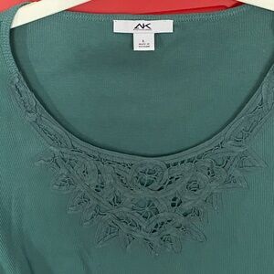 Anne Klein Sport Teal Embroidered Long Sleeve Top